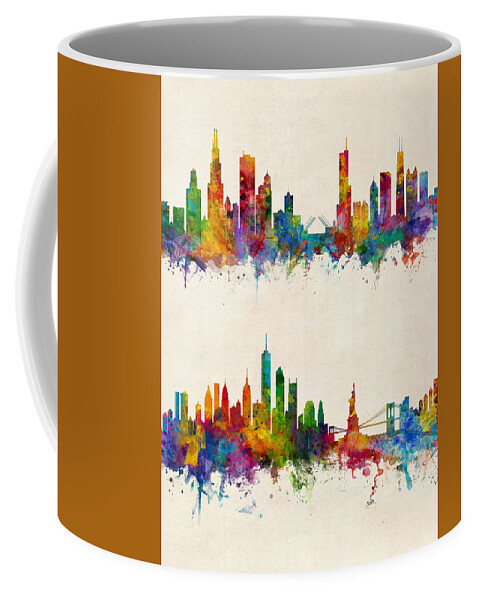 Chicago Coffee Mug featuring the digital art Chicago and New York City Skylines by Michael Tompsett