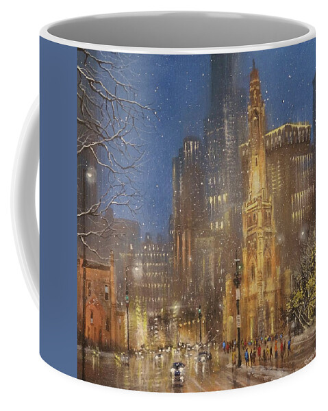 Snow Scene Coffee Mug featuring the painting Chicago Water Tower by Tom Shropshire