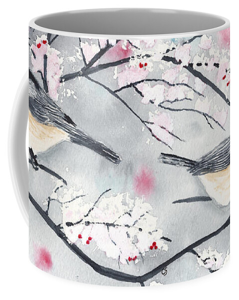Chickadees Coffee Mug featuring the painting Chickadees in Winter with Red Berries by Conni Schaftenaar