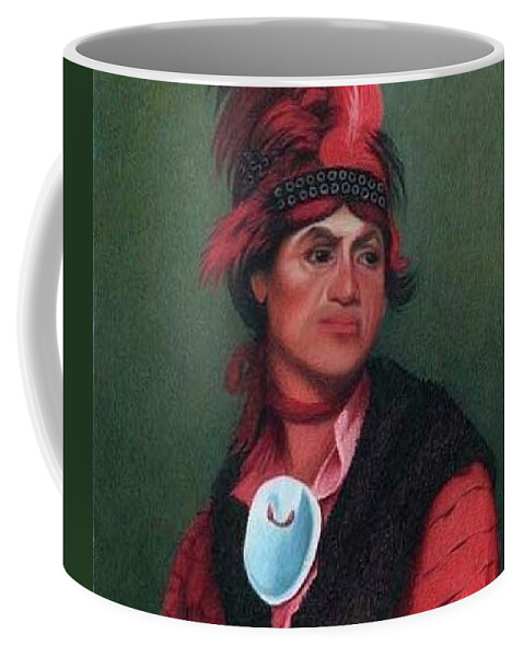 Chief Joseph Brant. Native American Portrait. American Indian Portrait. Feather Plume Headdress. Abalone Shell Necklace. Red Ruffled Shirt. Native American Chief. Mohawk Chief Coffee Mug featuring the painting Chief Joseph Brant by Valerie Evans