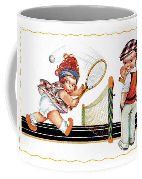 Racquet Coffee Mug featuring the painting Children Playing Tennis by Unknown