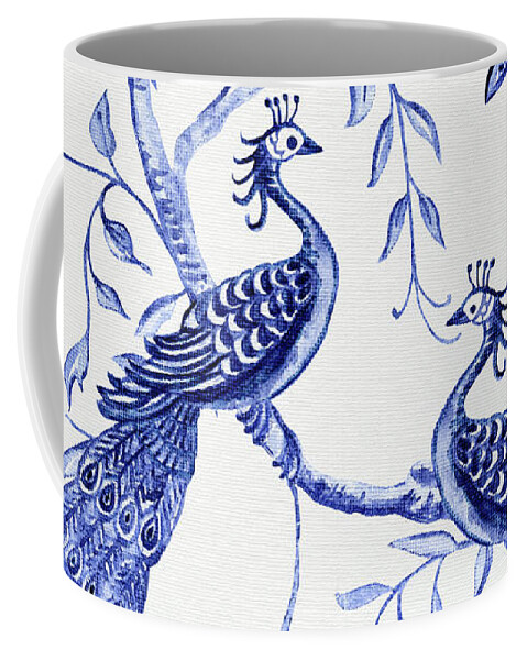 Chinoiserie Coffee Mug featuring the painting Chinoiserie Blue and White Peacocks and Butterflies by Audrey Jeanne Roberts