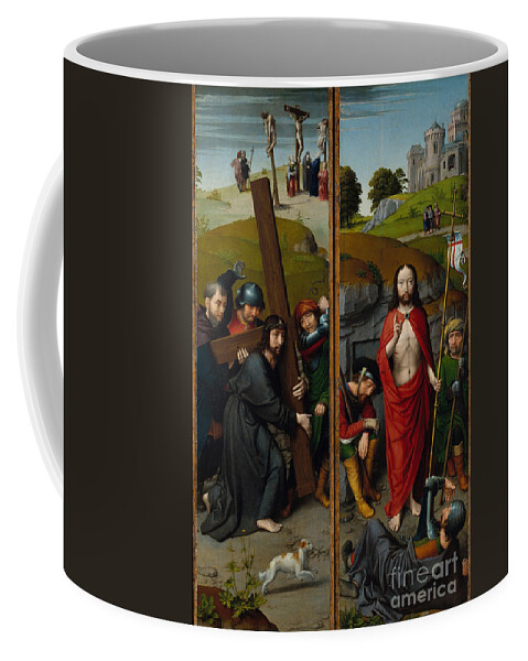 Art Coffee Mug featuring the painting Christ Carrying The Cross, With The Crucifixion; The Resurrection, With The Pilgrims Of Emmaus, C.1510 by Gerard David