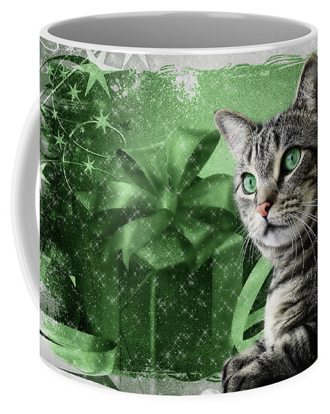 Christmas Coffee Mug featuring the digital art Christmas Silver Tabby Cat with Green by Doreen Erhardt