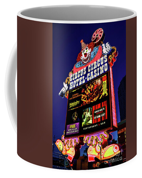 Circus Circus Coffee Mug featuring the photograph Circus Circus Casino Sign at Dawn From the South by Aloha Art