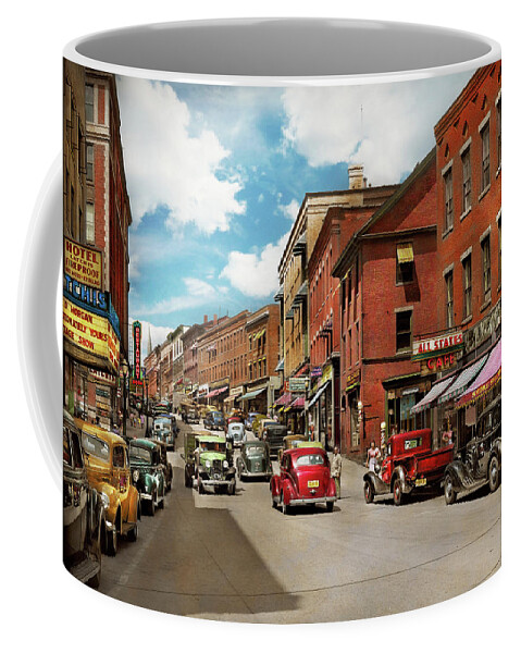 Vermont Coffee Mug featuring the photograph City - Brattleboro VT - No parking on Main St 1941 by Mike Savad