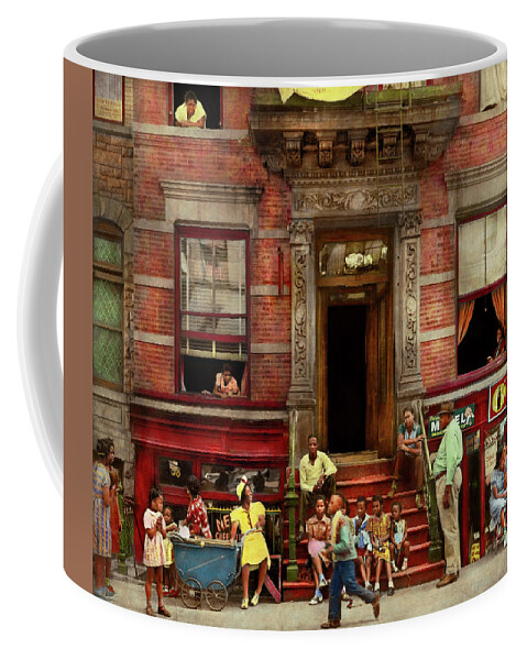 Harlem Coffee Mug featuring the photograph City - Harlem NY - Stoop life 1935 by Mike Savad