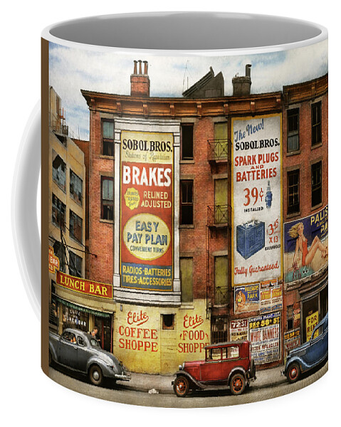 Car Coffee Mug featuring the photograph City - New York NY - Elite lunch bar 1938 by Mike Savad