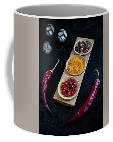 Spice Coffee Mug featuring the photograph Collection of aromatic herbal peeper spices by Michalakis Ppalis