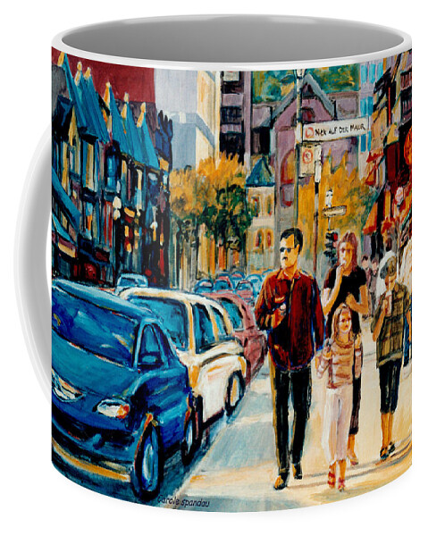 Montreal Coffee Mug featuring the painting Colorful Downtown City Scene Painting Family Stroll Summer Streets C Spandau Urban Canadian Artist by Carole Spandau