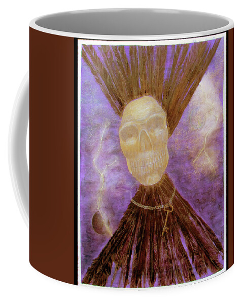 Obsidian Skull Coffee Mug featuring the painting Compelling Communications with a Large Golden Obsidian Skull by Feather Redfox
