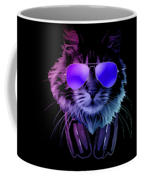 Cat Coffee Mug featuring the digital art Cool DJ Furry Cat In Neon Lights by Filip Schpindel