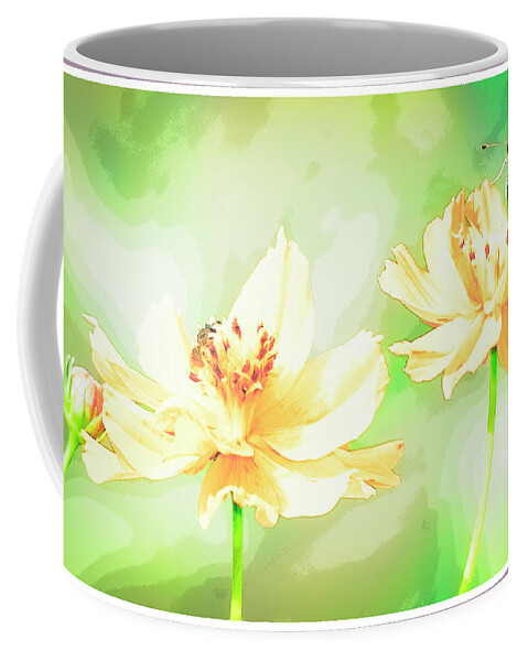 Cosmos Coffee Mug featuring the photograph Cosmos Flowers, Bud, Butterfly, Digital Painting by A Macarthur Gurmankin