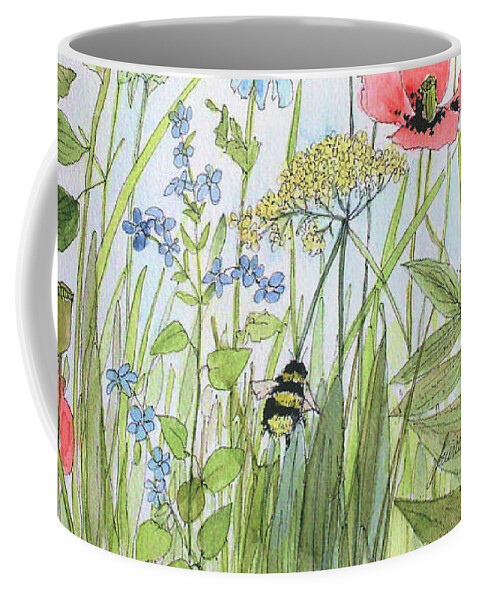 Flowers Coffee Mug featuring the painting Cottage Flowers and Bees by Laurie Rohner
