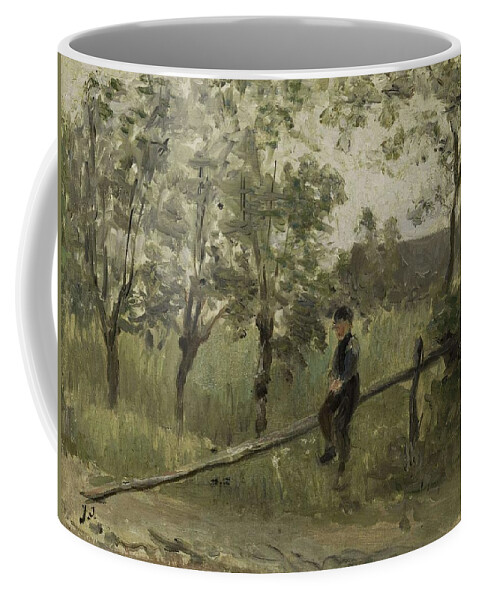 Jozef Israels (mentioned On Object) Coffee Mug featuring the painting Country Boy on a Pole Barrier. by Joseph Israels -1824-1911-