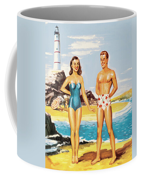 Bathing Suit Coffee Mug featuring the drawing Couple on the Beach by a Lighthouse by CSA Images