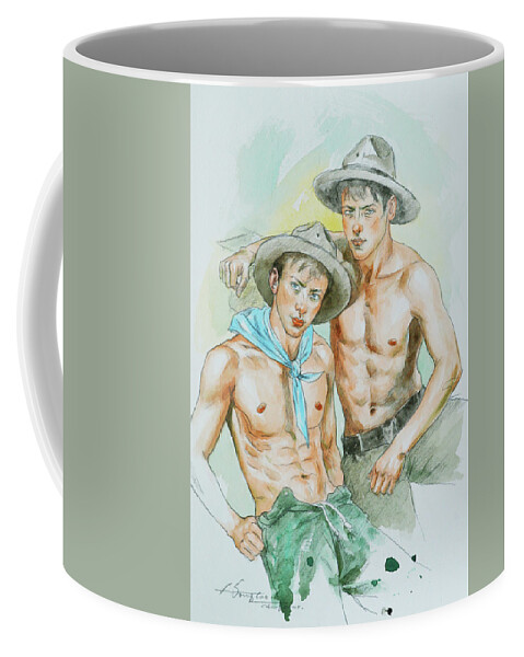 Cowboys Coffee Mug featuring the painting Cowboys by Hongtao Huang