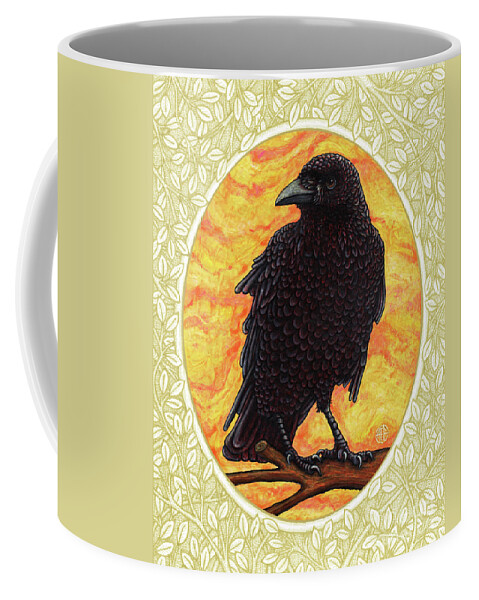 Animal Portrait Coffee Mug featuring the painting Crow Portrait - Cream Border by Amy E Fraser