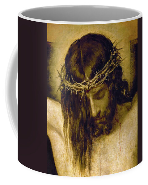 Cristo Crucificado Coffee Mug featuring the painting Crucified Christ -detail of the head-. Cristo crucificado. Madrid, Prado museum. DIEGO VELAZQUEZ . by Diego Velazquez -1599-1660-