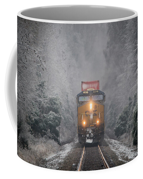 Railroad Coffee Mug featuring the photograph CSX intermodal through an Ice Forest at Mortons Gap Ky by Jim Pearson