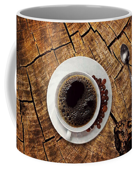 Photo Coffee Mug featuring the photograph Cup of coffe on wood by Top Wallpapers