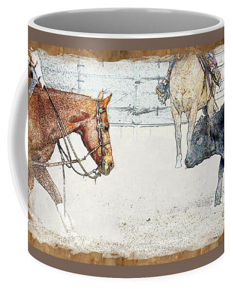 Horse Coffee Mug featuring the mixed media Cutting Horse At Work by Kae Cheatham