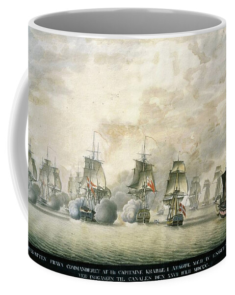 Barge Coffee Mug featuring the painting Danish Frigate Freya under Captain Krabbe attacks English ships 25.7.1800. by Album