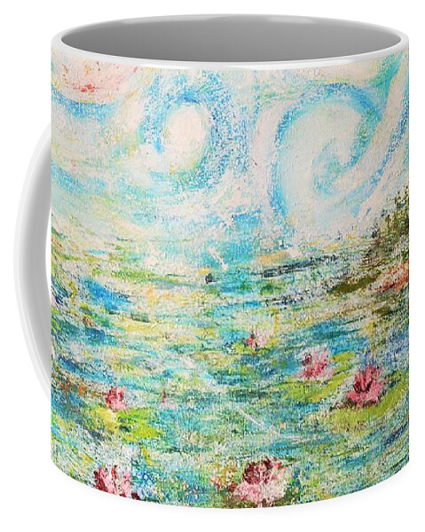 Post Impressionistic Abstract Landscape With Water Lilies Coffee Mug featuring the painting Day of Two Suns by Jarek Filipowicz