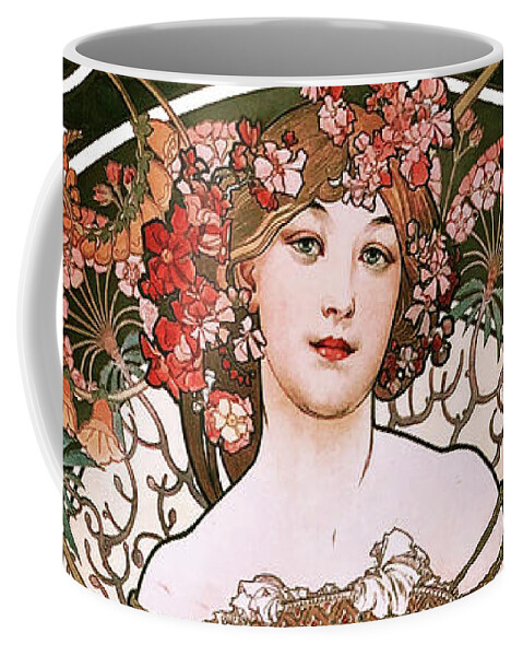 Daydream Coffee Mug featuring the painting Daydream by Alphonse Mucha White Background by Rolando Burbon