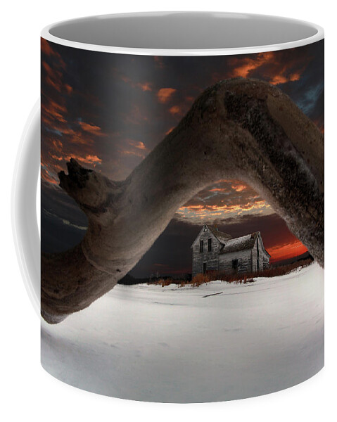 Abandoned Farm Farmstead Deadwood Frozen Tree Ice Snow Winter Cold Blue Scenic Landscape Prairie Winter Freezing Sunset Sunrise Arch Devils Lake Frost Desolate Deserted Coffee Mug featuring the photograph Deadwood Arch Above Abandoned Farm #2 by Peter Herman