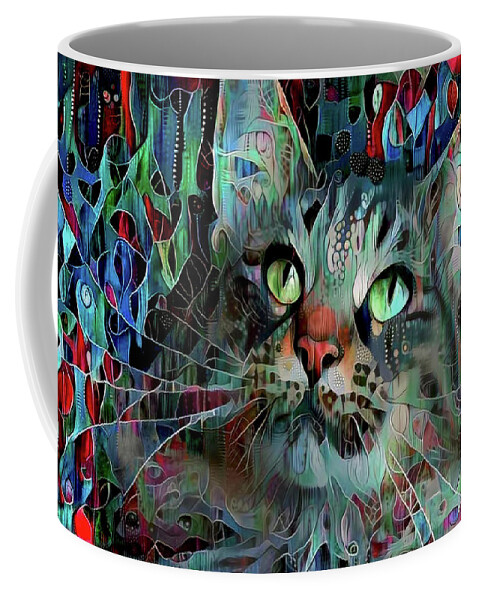 Maine Coon Cat Coffee Mug featuring the mixed media DeeDee in Blue and Red by Peggy Collins