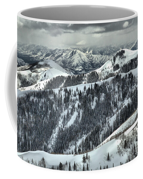 Deer Valley Coffee Mug featuring the photograph Deer Valley Bald Mountain Snowy Views by Adam Jewell