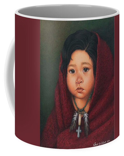 Native American Portrait. American Indian Portrait. Native Child Wrapped In Red Blanket. Western Native American Youth. Wild West. Sad Eyes. Children. Coffee Mug featuring the painting Delaware Girl in Red Robe by Valerie Evans
