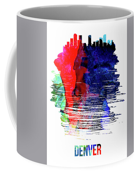 Denver Coffee Mug featuring the mixed media Denver Skyline Brush Stroke Watercolor  by Naxart Studio