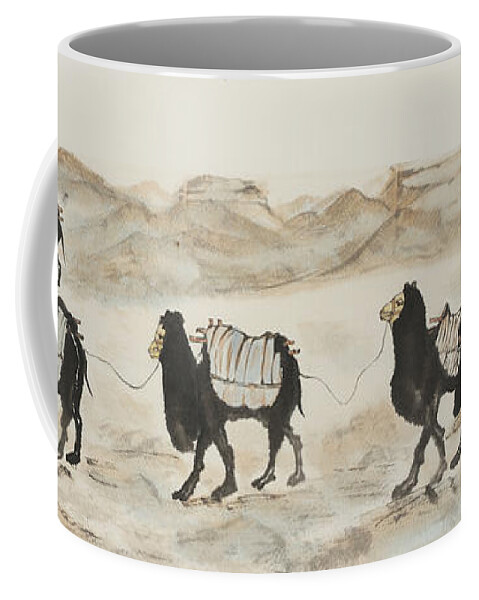 Chinese Watercolor Coffee Mug featuring the painting Camel Caravan Outside the Great Wall by Jenny Sanders