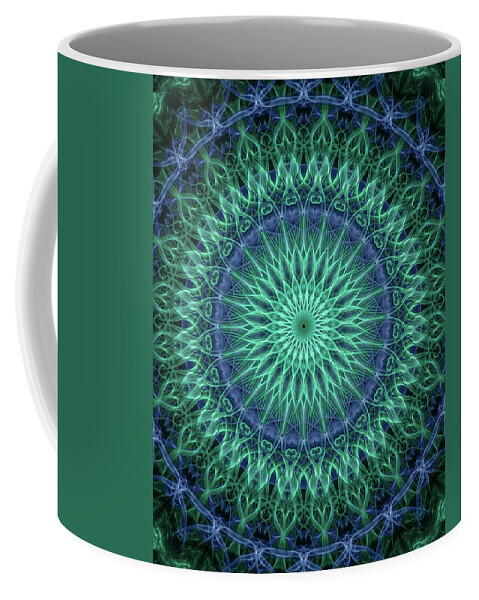 Mandala Coffee Mug featuring the digital art Detailed mandala in plum and malachite green colors by Jaroslaw Blaminsky