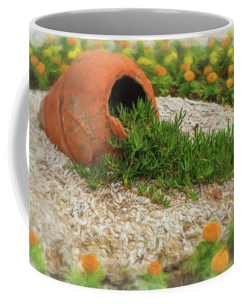 Flower Coffee Mug featuring the photograph Digital art painting of flowers around ancient pottery urn by Steven Heap