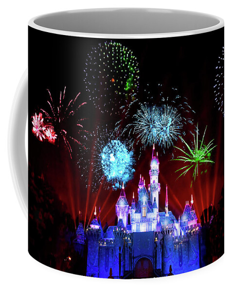 Disneyland Coffee Mug featuring the photograph Disneyland Fireworks At Sleeping Beauty Castle by Mark Andrew Thomas
