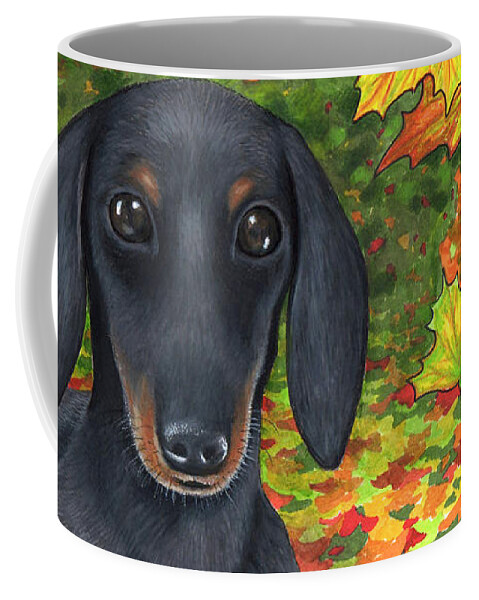 Dog Coffee Mug featuring the painting Dog 142 Dachshund by Lucie Dumas