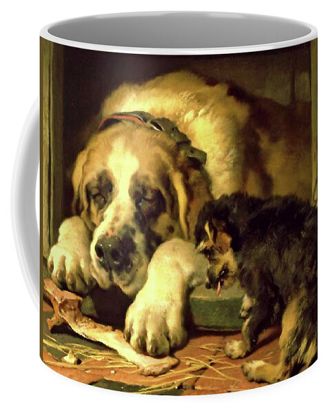 Grooming Coffee Mug featuring the mixed media Dogs - Doubtful Crumbs by Edwin Landseer