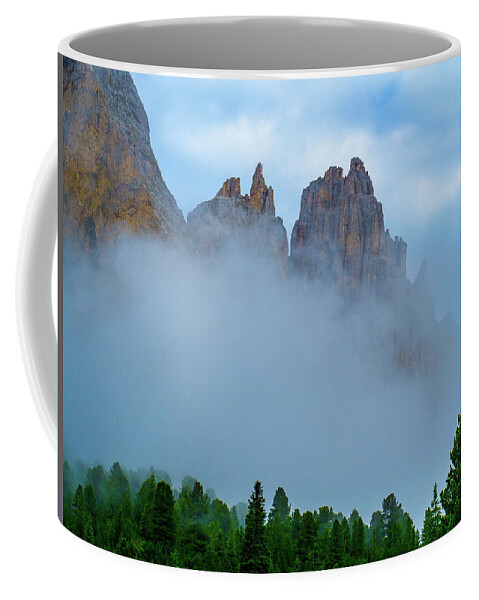 Mountains Coffee Mug featuring the photograph Dolomite Spires in the morning mist by Leslie Struxness
