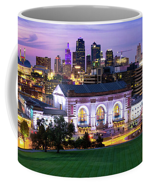 America Coffee Mug featuring the photograph Downtown Kansas City Skyline Panoramic at Dusk by Gregory Ballos