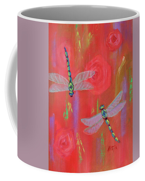 Dragonfly Coffee Mug featuring the painting Dragonfly N Roses by Nataya Crow