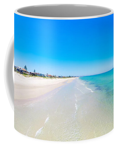 Drone Coffee Mug featuring the photograph Drone aerial view of wide open white sandy beach by Milleflore Images