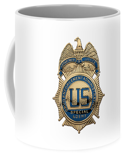  ‘law Enforcement Insignia & Heraldry’ Collection By Serge Averbukh Coffee Mug featuring the digital art Drug Enforcement Administration - D E A Special Agent Badge over White Leather by Serge Averbukh