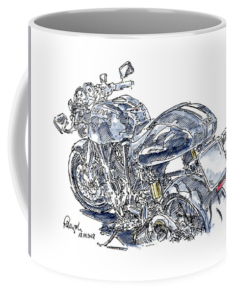 Motorbike Coffee Mug featuring the drawing Ducati Sport Classic 1000 Biposto Motorcycle Ink Drawing and Wat by Frank Ramspott