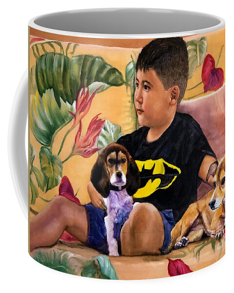 Oil Painting Coffee Mug featuring the painting Dylan, Ikaika and Tinker Just Cruisin by Leland Castro