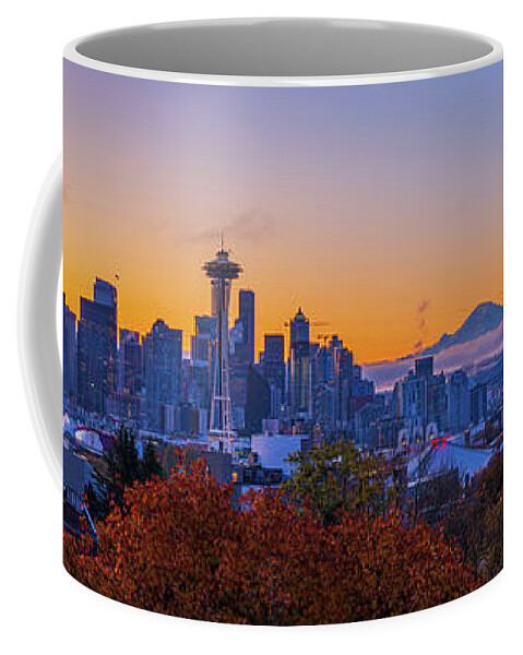 Outdoor; Sunrise; Space Needle; Elliot Bay; Port Seattle; Fall; Color; Maples; Mt Rainier; Downtown; Seattle; Washington Beauty; Pnw; Pacific North West Coffee Mug featuring the digital art Early Morning Seattle by Michael Lee