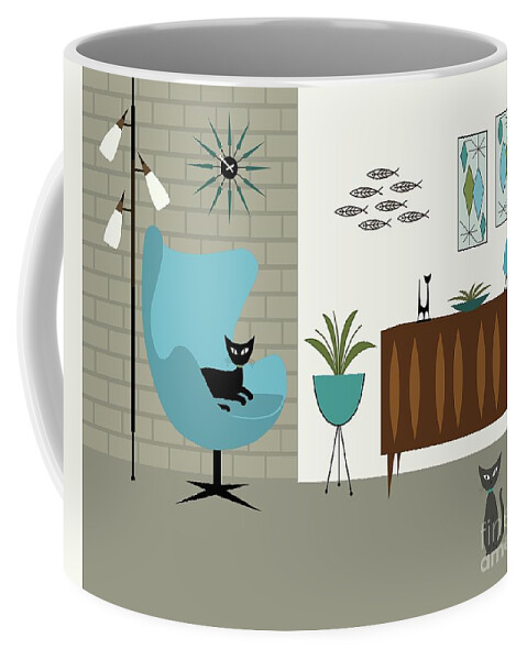 Mid Century Modern Coffee Mug featuring the digital art Egg Chair with Mini Fish Art by Donna Mibus