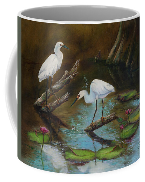 Egrets Coffee Mug featuring the painting Two Egrets--Missed Again by Lynne Pittard